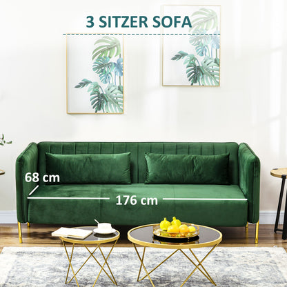 HOMCOM Sofa 3-Sitzer-Sofa Couch, inkl. 2 Kissen, Samtoptik, Retro-Design, abnehmbarer Bezug, 195 cm x 88 cm x 76 cm Grün
