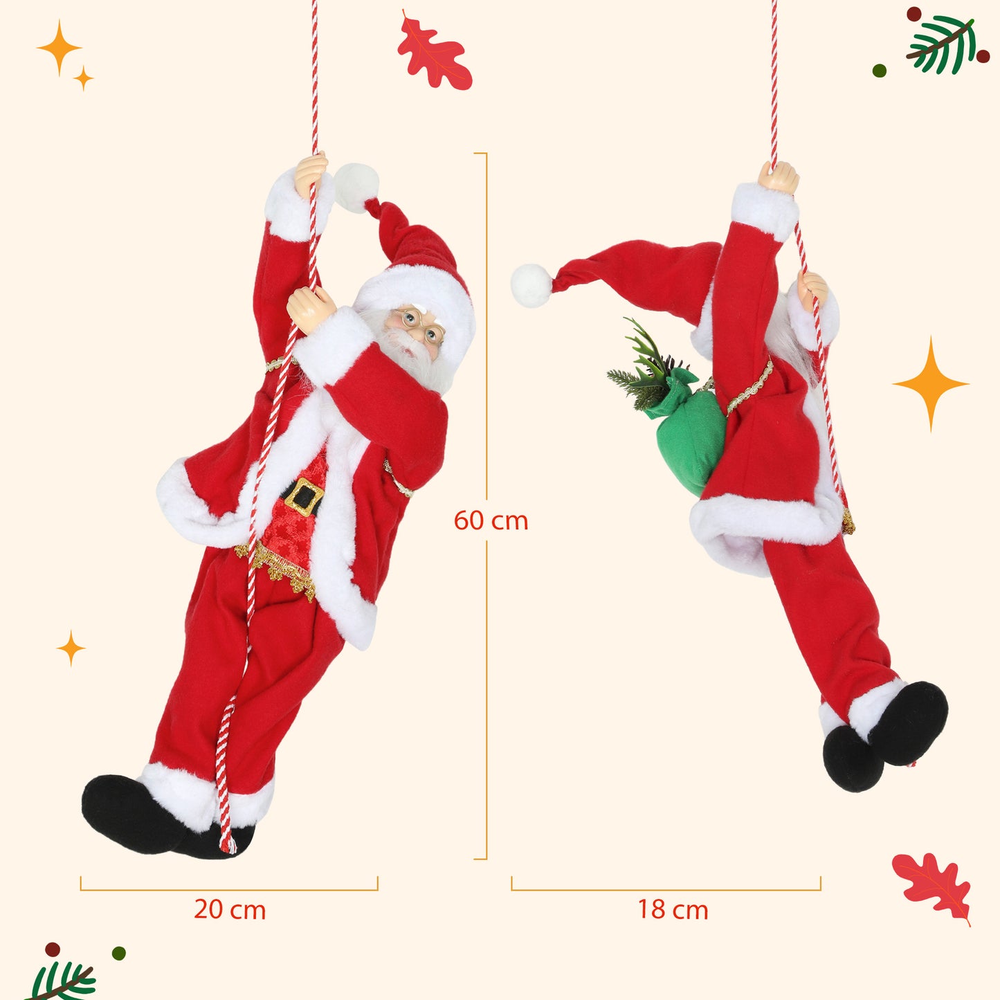 HOMCOM Weihnachtsmann 60 cm Singend und Kletternd Weihnachtsmann mit Geschenk Seil Soundfunktion Indoor, Rot