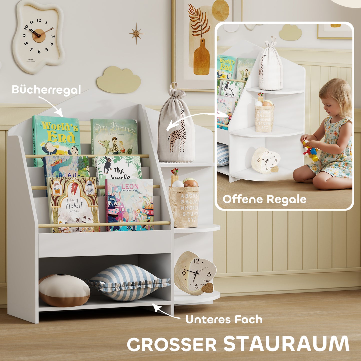 AIYAPLAY Kinderregal mit 7 Regalen für Bücher, Spielzeug, runde Kanten, trägt 40 kg, Weiß