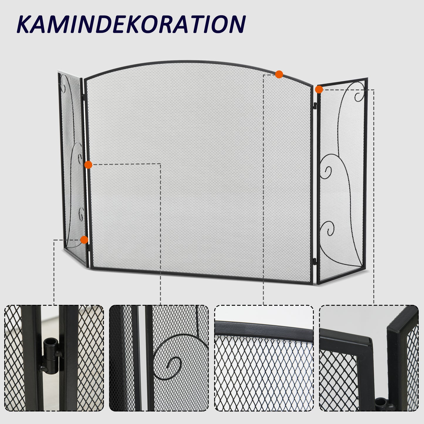 HOMCOM Funkenschutz für Kamine, 3 Paneele, klappbar, flexibel, Metall, schwarz, 132,5 x 76,5cm