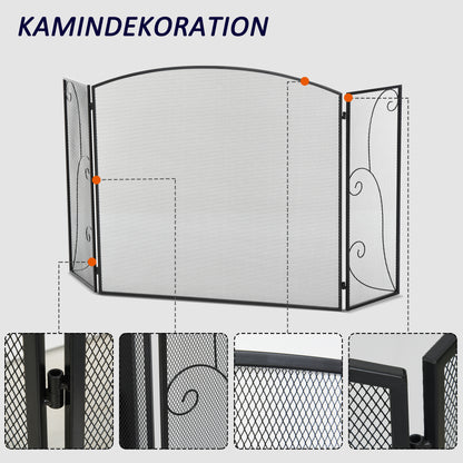 HOMCOM Funkenschutz für Kamine, 3 Paneele, klappbar, flexibel, Metall, schwarz, 132,5 x 76,5cm