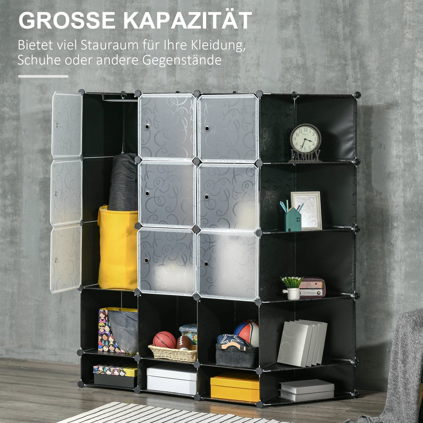 HOMCOM Modularer Aufbewahrungsschrank, Kleiderschrank, 16 Fächer, Kunststoff, Stahl