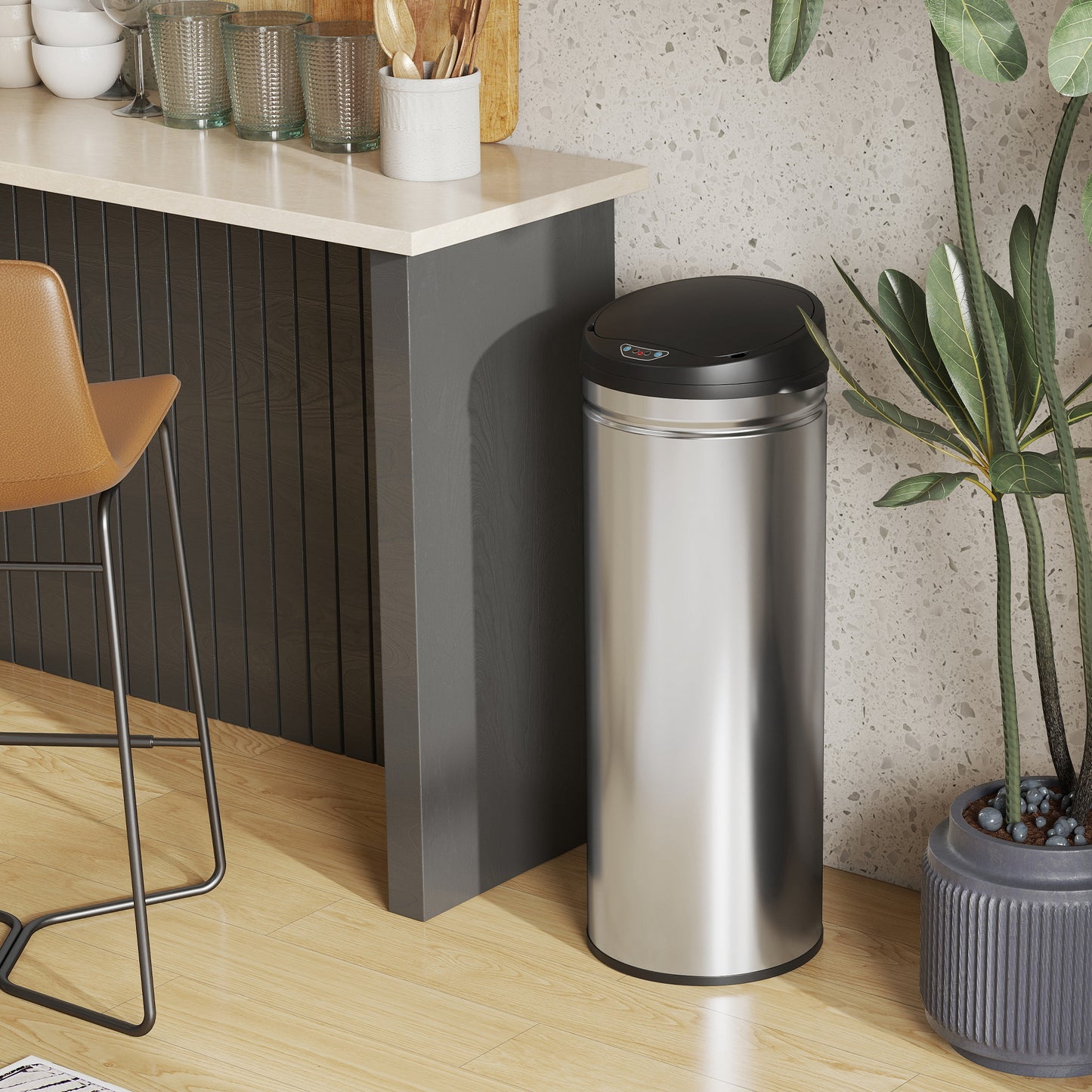 HOMCOM 50 Liter Sensor-Mülleimer mit Soft-Close-Funktion, berührungsfreier Abfalleimer aus Edelstahl für hygienische Küchen, Büros, Silberfarben