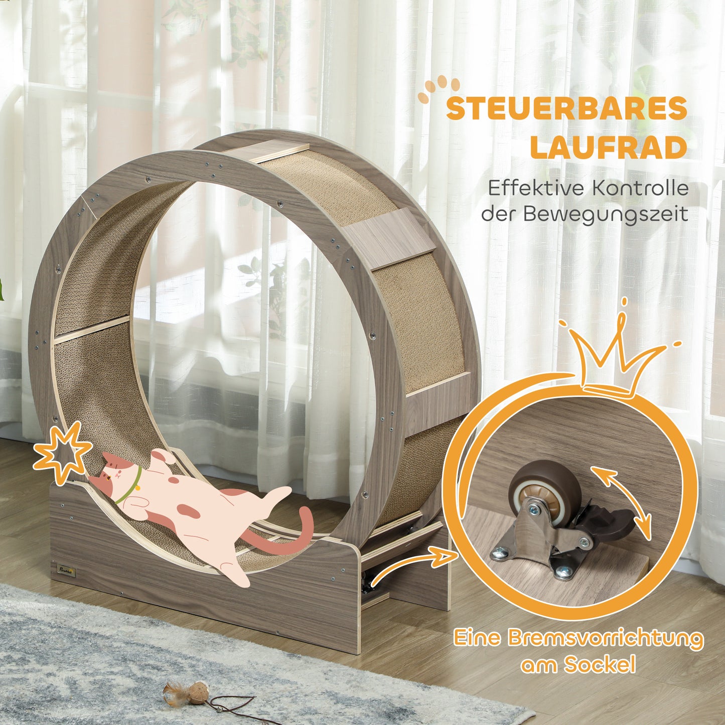 PawHut Katzenlaufrad, Laufrad für Katzen, 91 cm, mit Bremse, Kratzmatte, Katzenrad für gesunde Bewegung, Walnuss