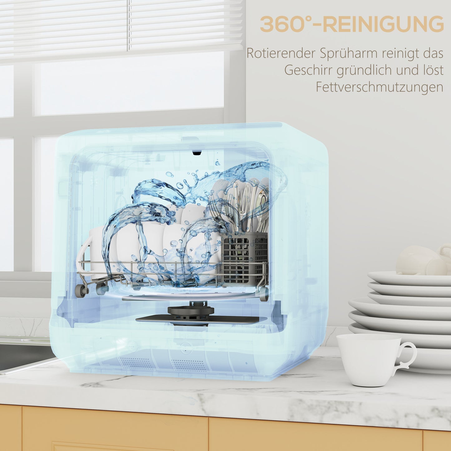 HOMCOM Tischgeschirrspüler, Mini-Geschirrspüler mit 6-Liter-Tank, 5 Programme, LED-Anzeige, Trocknungsfunktion, Weiß