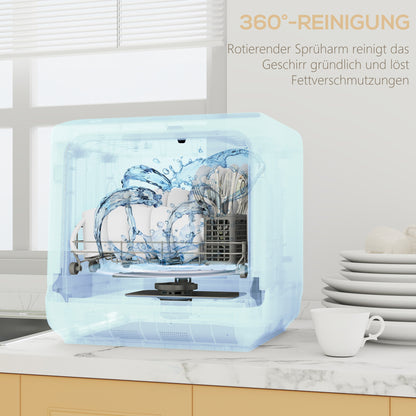 HOMCOM Tischgeschirrspüler, Mini-Geschirrspüler mit 6-Liter-Tank, 5 Programme, LED-Anzeige, Trocknungsfunktion, Weiß