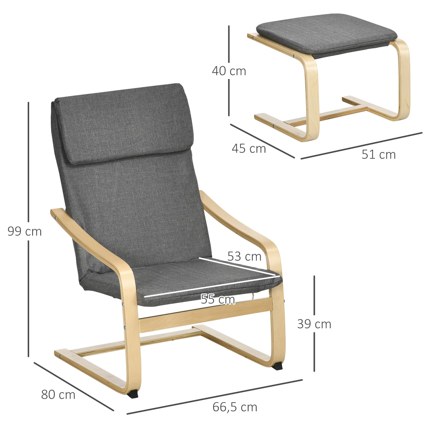 HOMCOM Sessel mit Fußhocker, Sessel-Set, bis 120 kg, Leinenoptik, Massivholz, Grau + Natur, 66,5 x 80 x 99 cm