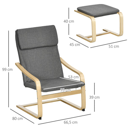 HOMCOM Sessel mit Fußhocker, Sessel-Set, bis 120 kg, Leinenoptik, Massivholz, Grau + Natur, 66,5 x 80 x 99 cm
