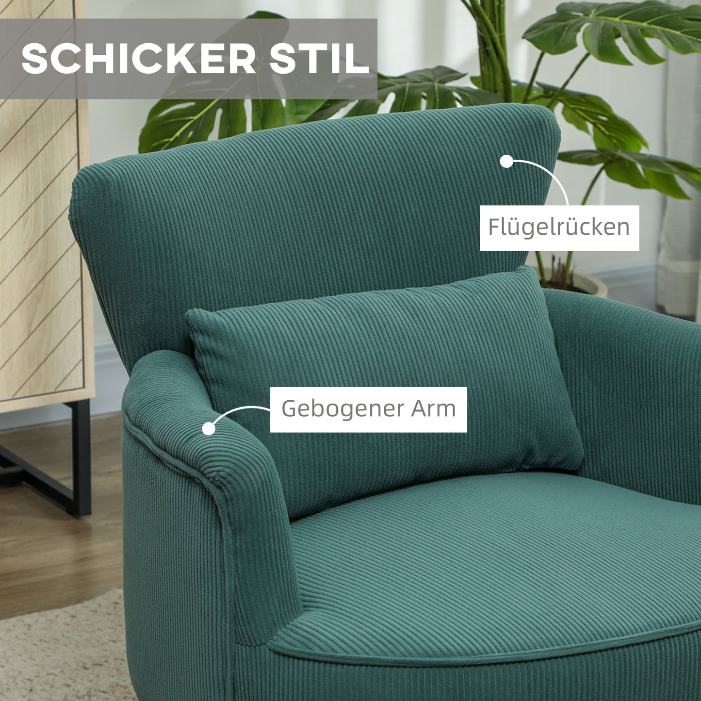 HOMCOM Moderner Armlehnstuhl, Gepolsterter Akzentstuhl mit Lendenkissen, Kautschukholzbeinen, Dunkelgrün