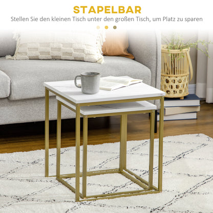 HOMCOM 2er-Set Beistelltische, stapelbare Beistelltische, Tischplatte in Marmoroptik, Gold + Weiß