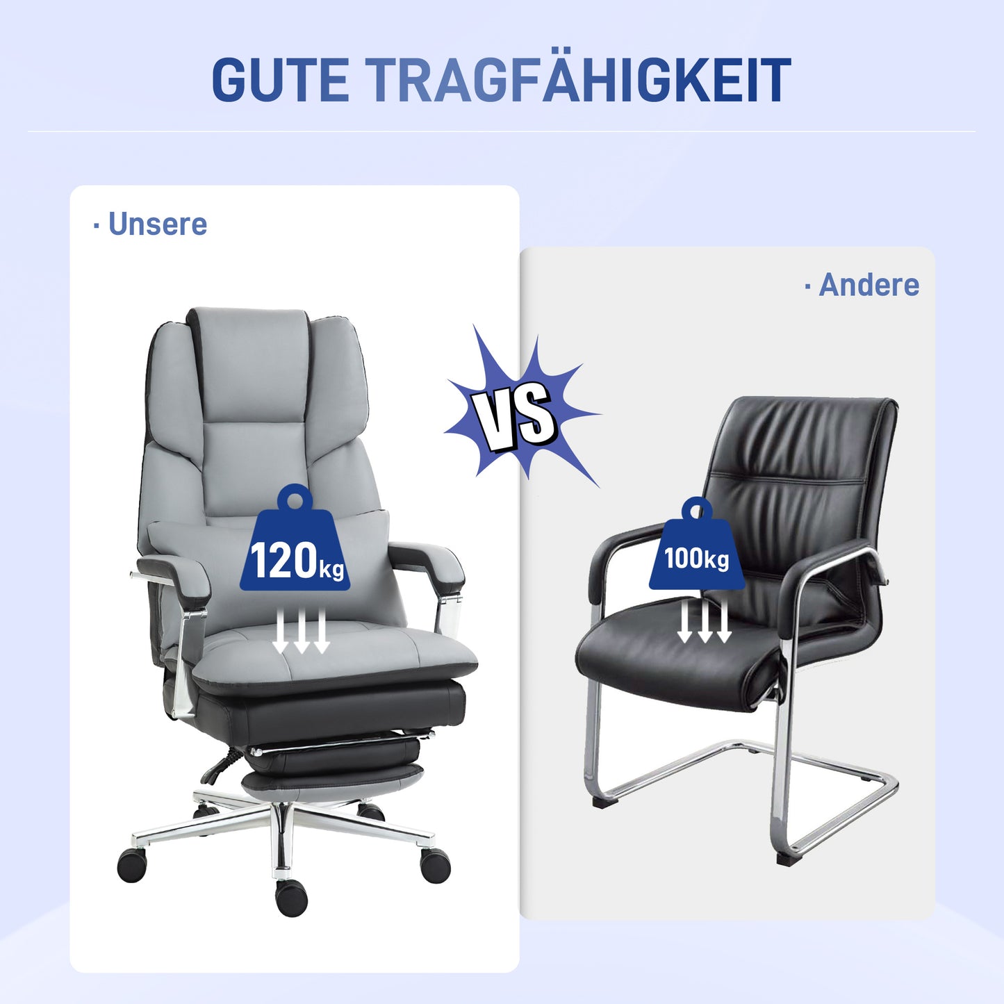 HOMCOM Bürostuhl, ergonomisch, verstellbar, 63x71x123-129cm, Hellgrau/Schwarz