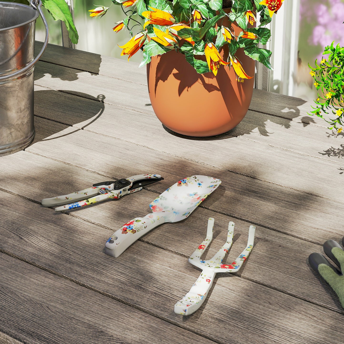 Outsunny Gartenwerkzeug Set 3 Stück Garten Werkzeug aus Metall mit Blumenkelle Handrechen Gartenschere