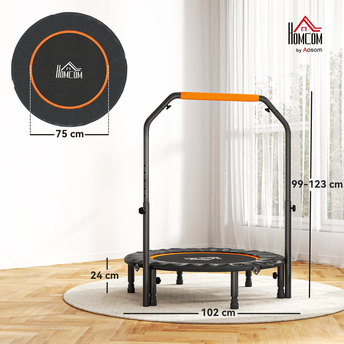 HOMCOM Fitnesstrampolin, klappbar, verstellbarer Haltegriff, Ø102 x 123H cm, bis 100 kg, Schwarz