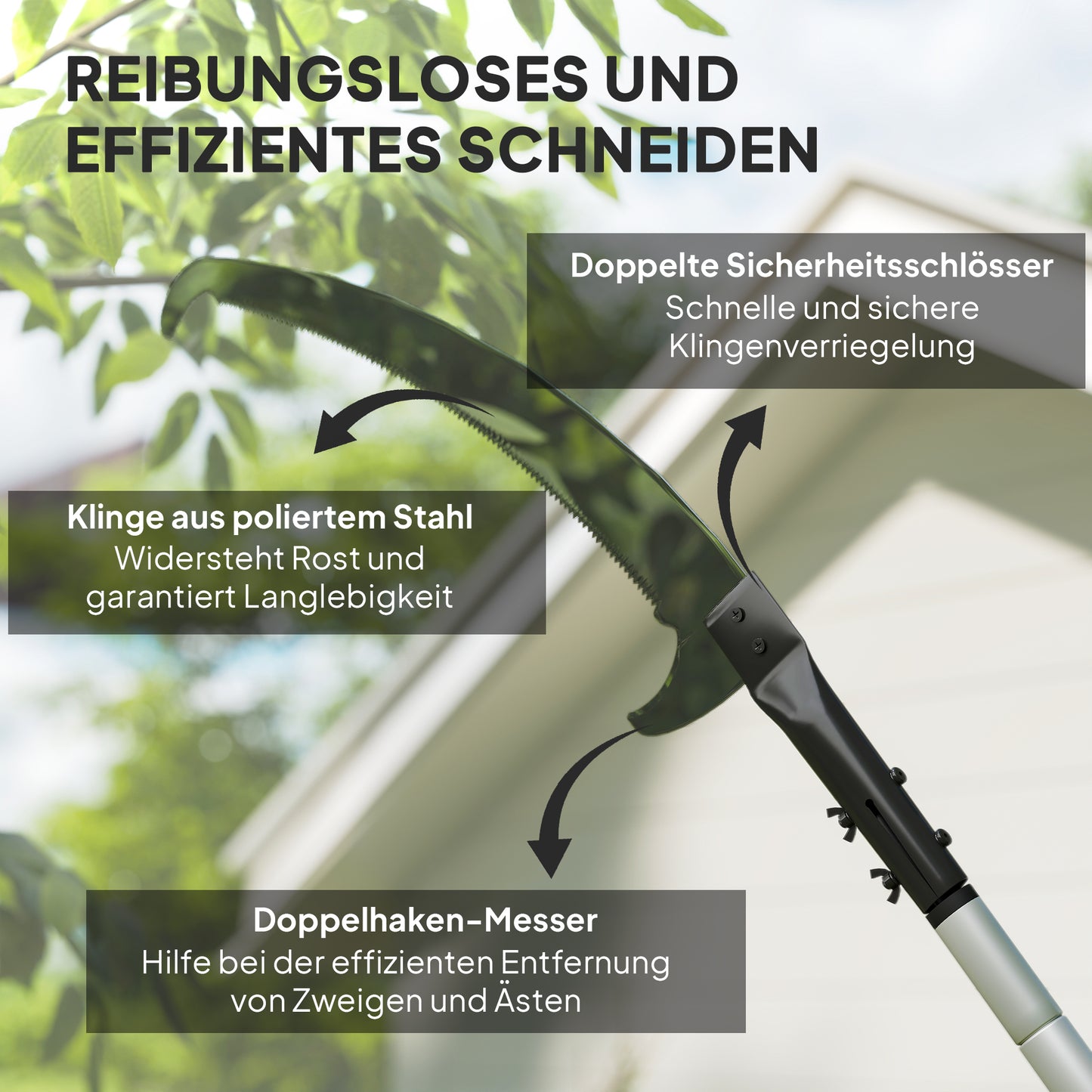 Outsunny Teleskop Astsäge 1,5–2,6m Baumschere mit Feststellvorrichtung, Teleskop-Griff Antihaftbeschichtet Klinge Schwarz