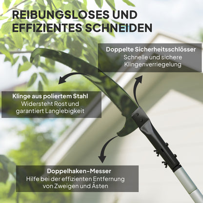 Outsunny Teleskop Astsäge 1,5–2,6m Baumschere mit Feststellvorrichtung, Teleskop-Griff Antihaftbeschichtet Klinge Schwarz