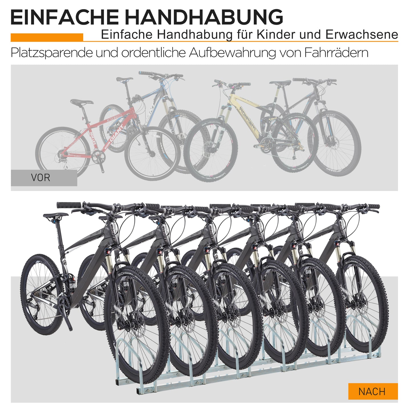HOMCOM Fahrradständer für 6 Fahrräder wetterfest Wand- oder Bodenmontage Stahl 179 x 33 x 27cm