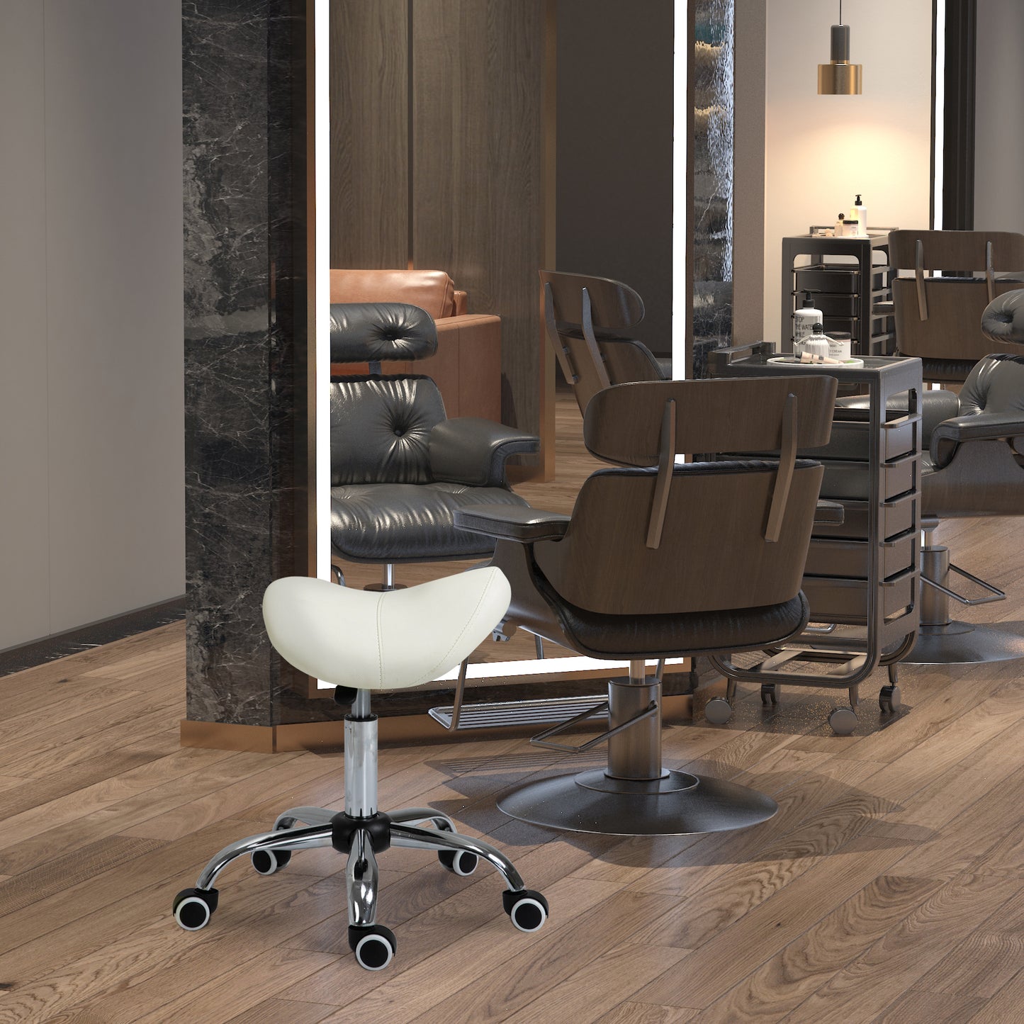 HOMCOM Rollhocker höhenverstellbar Drehhocker 49-61 cm Arbeitshocker drehbar Sattelhocker für Büro Salon Massage Spa Weiß