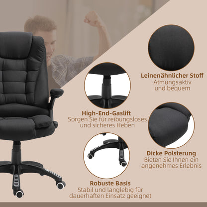 Vinsetto Bürostuhl mit Vibrationsmassage, Ergonomisch Schreibtischstuhl mit Heiz-, Liegefunktion, Höhenverstellbar Chefsessel mit Fernbedienung, Seitentasche, Leinenoptik, Schwarz