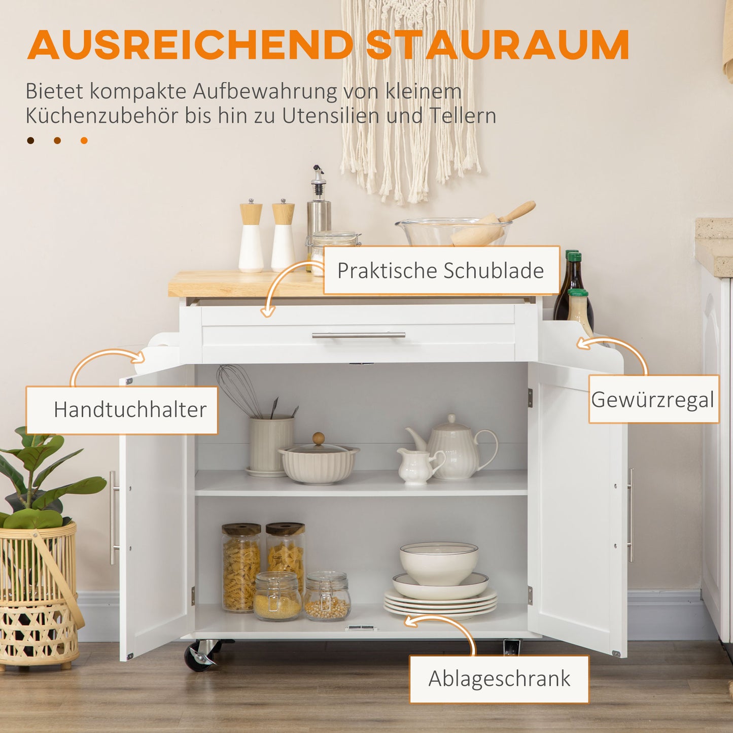 HOMCOM Küchenwagen Servierwagen Kücheninsel, 1 Gewürzregal, 1 Handtuchhalter, 109 cm x 40 cm x 89 cm, Weiß