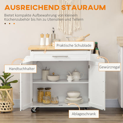 HOMCOM Küchenwagen Servierwagen Kücheninsel, 1 Gewürzregal, 1 Handtuchhalter, 109 cm x 40 cm x 89 cm, Weiß