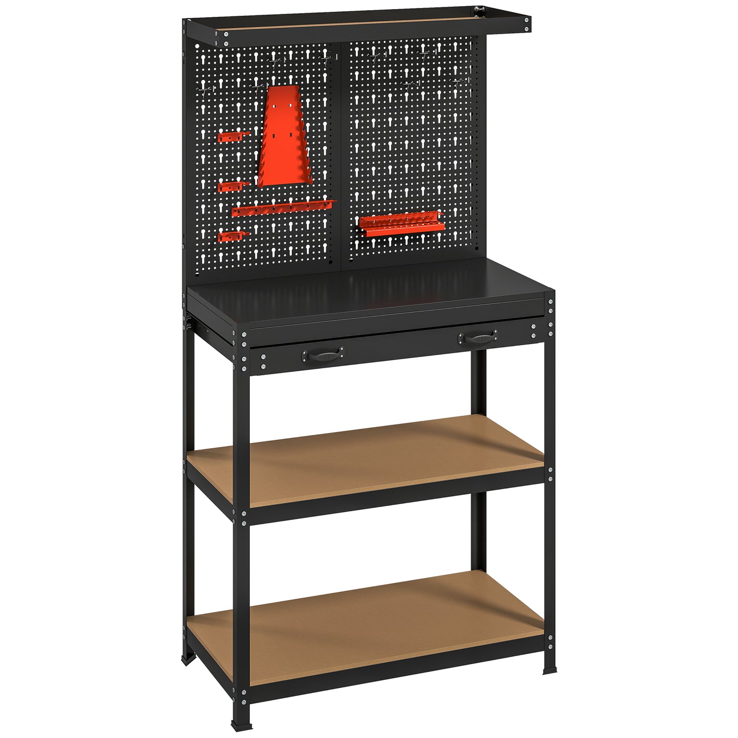 HOMCOM Werkbank 80 x 40,5 x 155 cm Werkzeugbank mit Lochwand, Haken, Schublade, 2 Ablagen für Werkstatt Schwarz