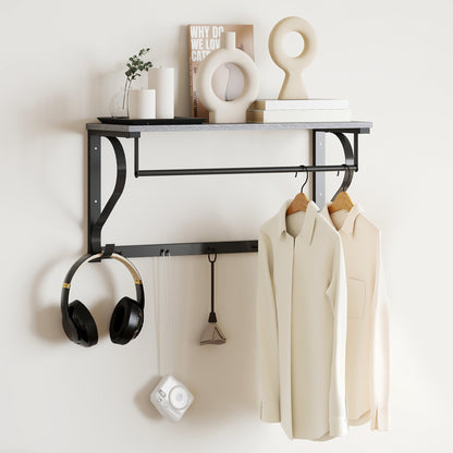 HOMCOM Wandmontierter Kleiderständer, Kleiderhaken, 5 Haken, oberes Fach, vielseitig, Grau