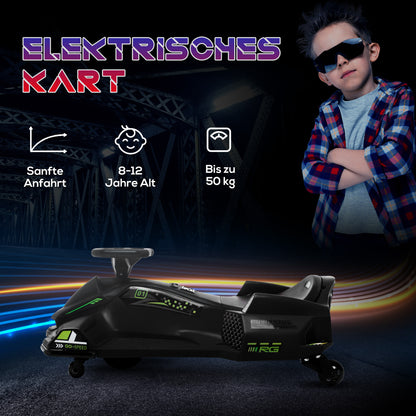 HOMCOM Elektrisches Go-Kart für Kinder, Gummiräder, 3-8 km/h, mit Lichtern und Musikfunktion, Schwarz