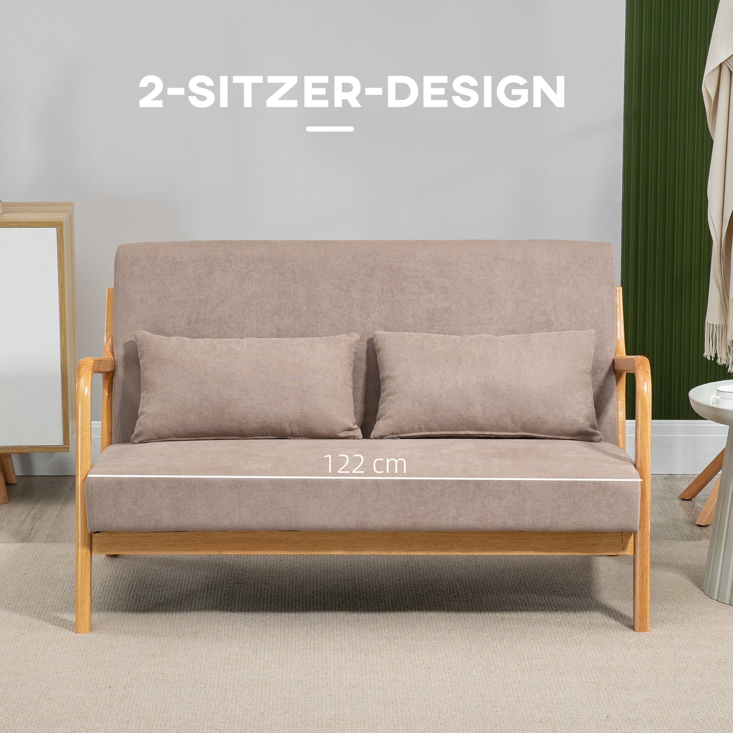 HOMCOM 2-er Sofa, 2-Sitzer, kleines Sofa, Retrodesign, 2 Kissen, Kautschukholz, Braun + Natur