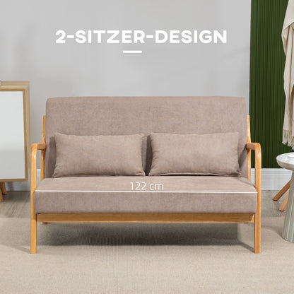 HOMCOM 2-er Sofa, 2-Sitzer, kleines Sofa, Retrodesign, 2 Kissen, Kautschukholz, Braun + Natur