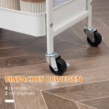 HOMCOM Rollbarer Küchenwagen, 2 Regale, Schublade, Ablage, 4 Rollen, Griffe, Stahl, Weiß