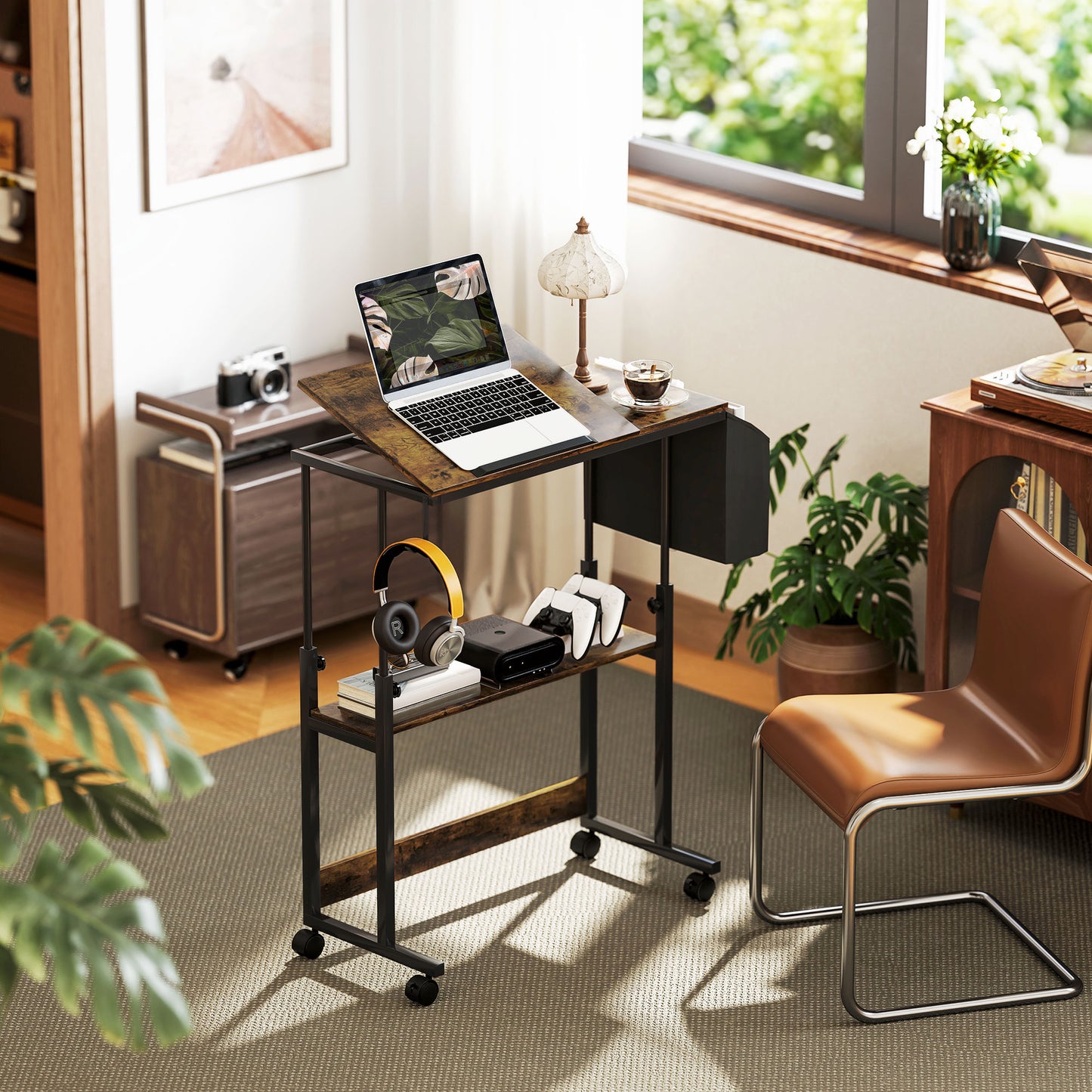 HOMCOM Höhenverstellbares Stehpult mit neigbarer Tischplatte, Rädern, Aufbewahrungsregal, zum Schreiben, Lesen, Zeichnen, Braun
