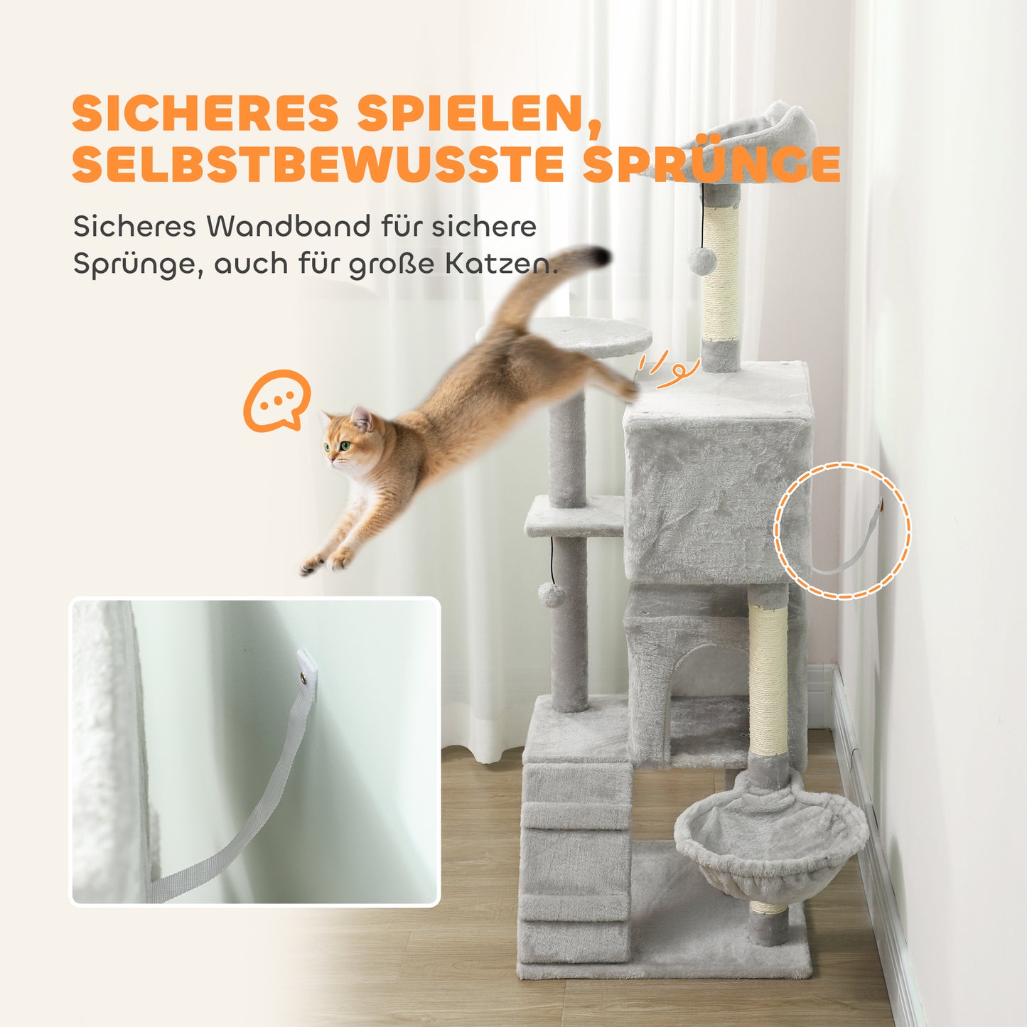 PawHut 140 cm Katzenkratzbaum, mehrere Ebenen, Sisal-Kratzpfosten, Höhlen, Plüsch-Plattformen, Hängematte, Leiter, Spielbälle
