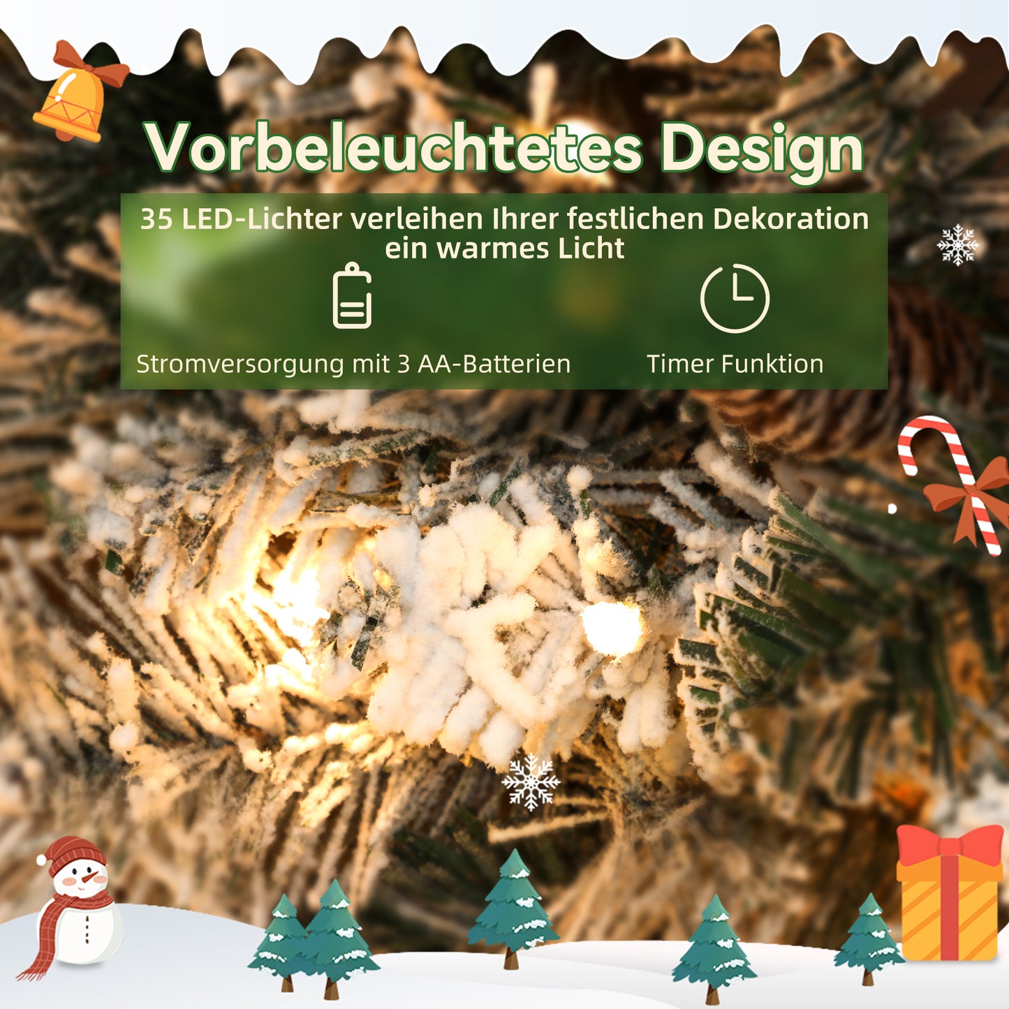 HOMCOM Tannenkranz Weihnachtskranz mit LED-Lichterkette, Tannenzapfen, Türkranz Grün+Weiß, Ø60 x 8 cm