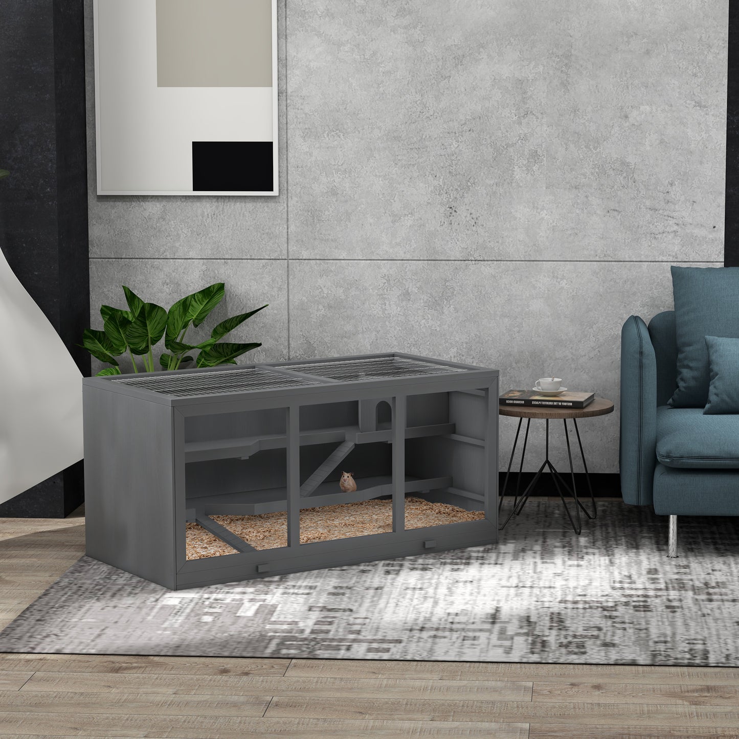 PawHut Zwerghamsterkäfig, Nagerkäfig, Kleintierbox, abschließbar, Holz, pflegeleicht, Grau