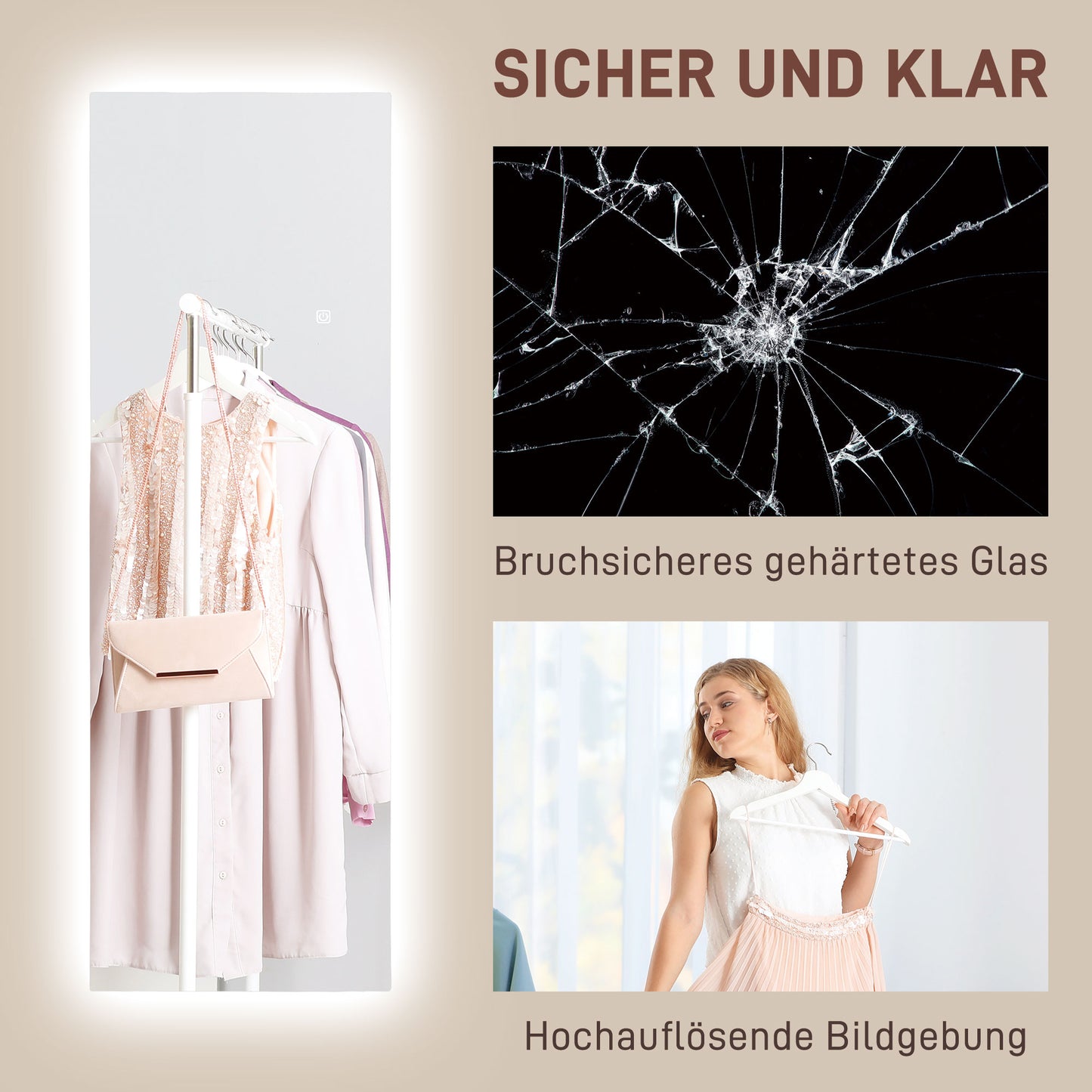 HOMCOM LED Ganzkörperspiegel, dimmbar, rahmenlos, Touch-Steuerung, 40 x 120 cm