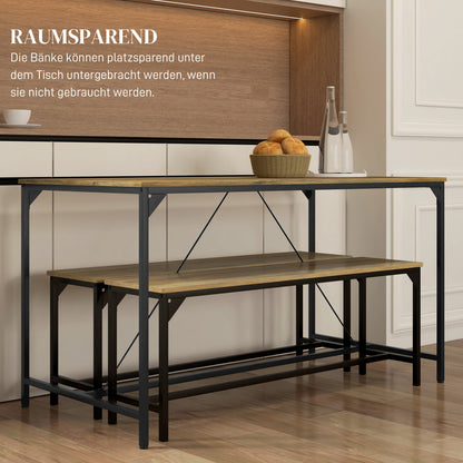 HOMCOM Essgarnitur, Tisch & 2 Bänke, Industrial Design, Stahlrahmen, Holzdekor/Schwarz