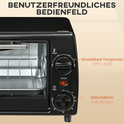 HOMCOM Mini-Ofen Toasterofen, 1 Backblech, 1 Grilrost, 10 L Kapazität, Timer-Funktion, 36.5 cm x 26 cm x 22 cm, Schwarz