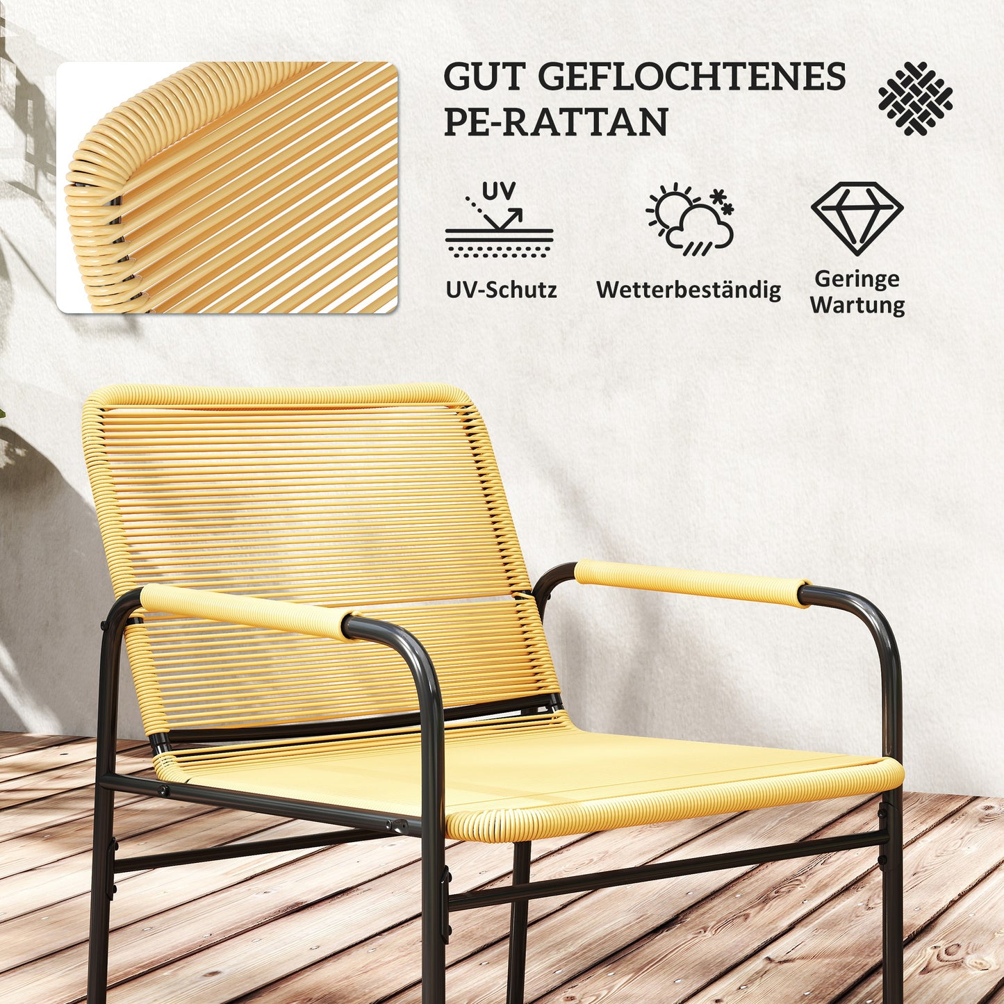 Outsunny 3-tlg. Rattan Bistroset, Sitzgruppe, Gartengarnitur mit 2 Gartensesseln, Couchtisch 54 x 66 x 76 cm Gelb