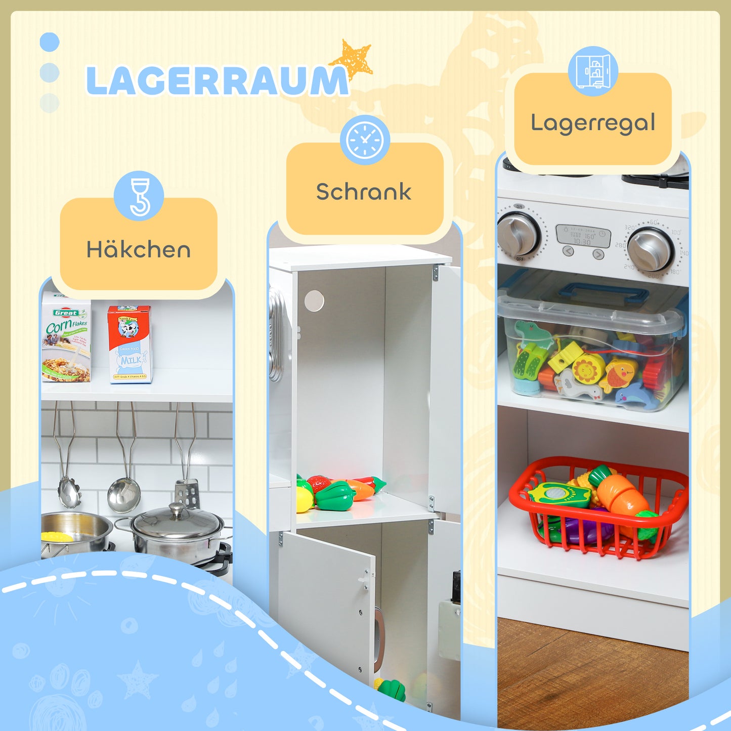 AIYAPLAY Kinderküche, Spielküche mit Telefon, Kreidetafel, Mikrowelle, Herd, Spüle, Zubehör, Eiswürfelmaschine, 3-8 Jahre, Weiß