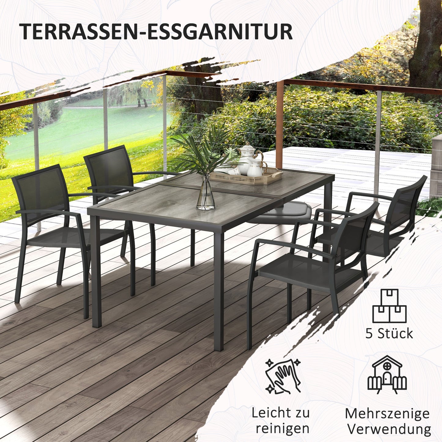 Outsunny Gartenmöbel-Set Gartensitzgruppe, 1 Tisch, 4 Stühle, 150 x 87 x 72 cm, Grau