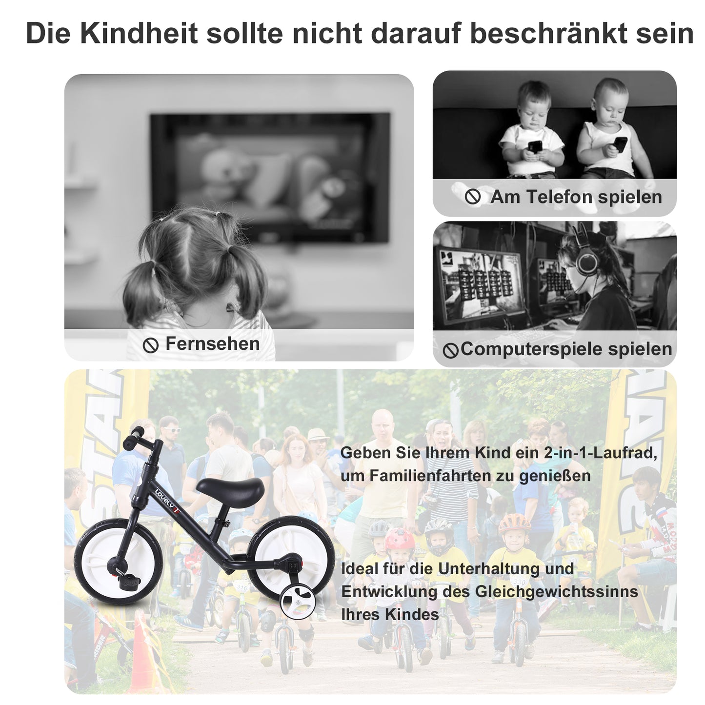 HOMCOM Kinder Laufrad ab 2-5 Jahre Lauflernrad mit Stützrädern, Pedalen, Höhenverstellbarem Sitz, Spielzeug Balance Bike für Kleinkinder Erste Geburtstag Geschenk, Schwarz