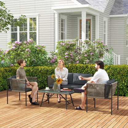 Outsunny 4-teiliges Gartenmöbel-Set, 1 Sofa, 2 Sessel, 1 Tisch mit Glasplatte, Kissen, Stahlrahmen, Kunststoff-Rattan, Grau