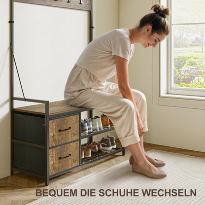 HOMCOM 6-in-1 Garderobenständer mit Sitzbank und Schuhregal, Industrie-Stil, 10 Haken, 2 Stoffschubladen, Metall, Braun