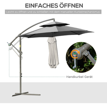 Outsunny Sonnenschirm Ampelschirm Ø2,67 x 2,45 m Kurbelschirm mit Doppeldach Kreuzbasis Stahl Outdoor Sonnenschutz Polyester Stahl Hellgrau