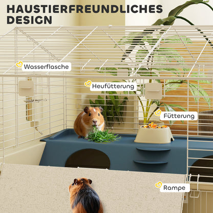 PawHut Kleintierkäfig, Balkon, Rampe, Futtertrog, Wasserflasche, 2-Ebenen-Design, Weiß