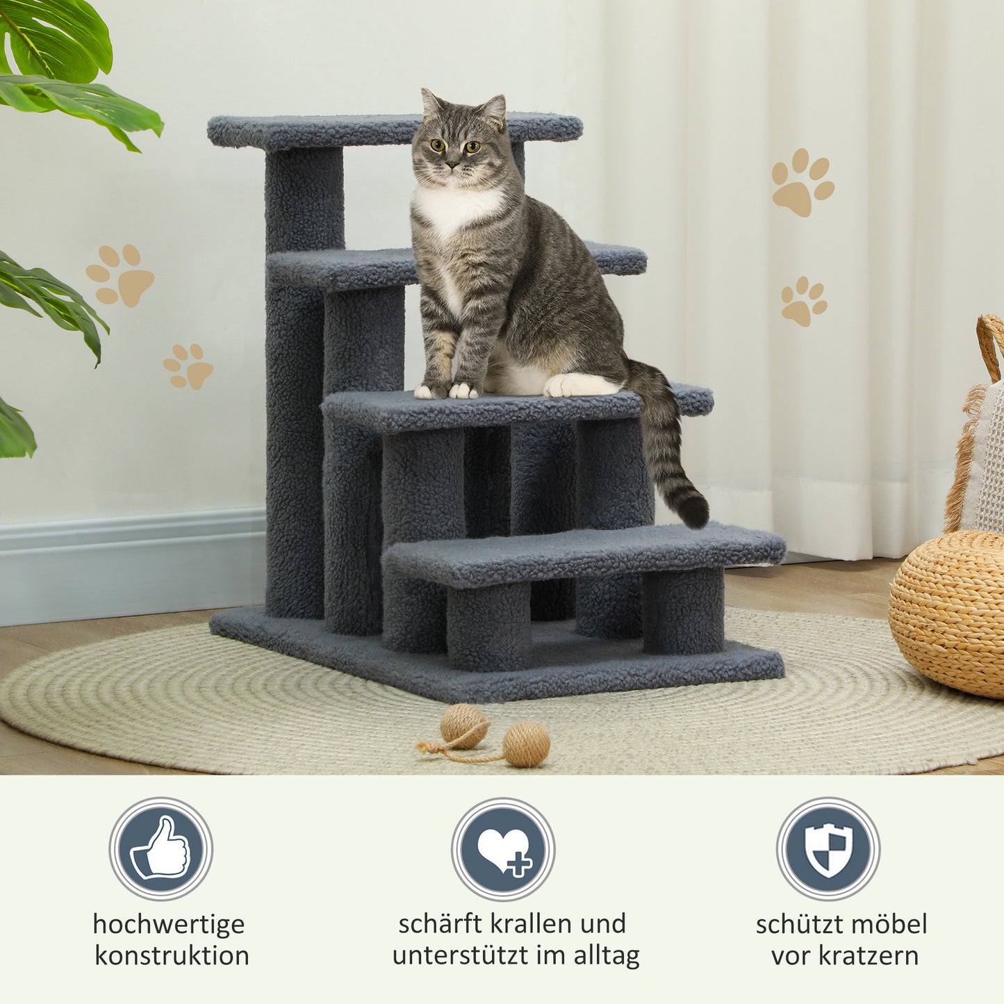 PawHut Tiertreppe Katzentreppe Hundetreppe Treppe für Katze und Hunde 4 Stufen Grau 63,5x43x60cm