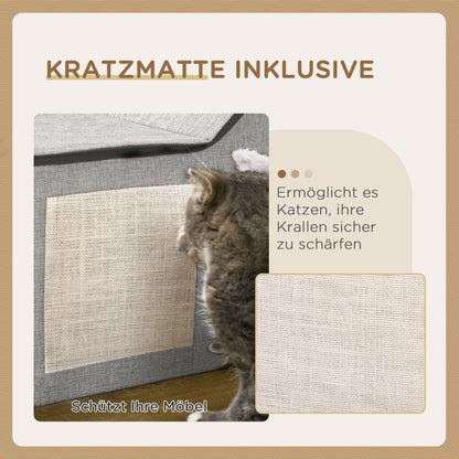 PawHut Katzenhaus mit Kratzfläche, inkl. Spielball, Katzenhöhle, 65 cm x 41 cm x 45.5H cm, Braun + Weiß + Beige
