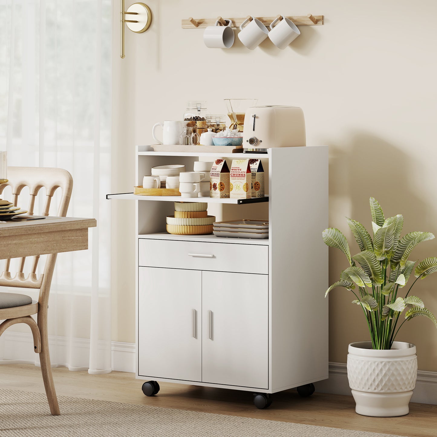 HOMCOM Mikrowellenschrank, Regal, Doppeltürschrank, Schublade, Rollen, Weiß