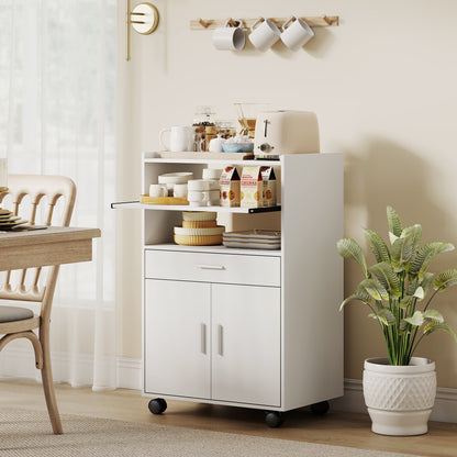 HOMCOM Mikrowellenschrank, Regal, Doppeltürschrank, Schublade, Rollen, Weiß