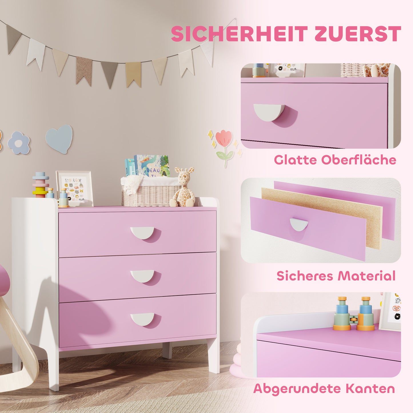 AIYAPLAY Kinder-Kommode mit 3 Schubladen, MDF, Aufbewahrungsschrank für Kinder, Rosa+Weiß